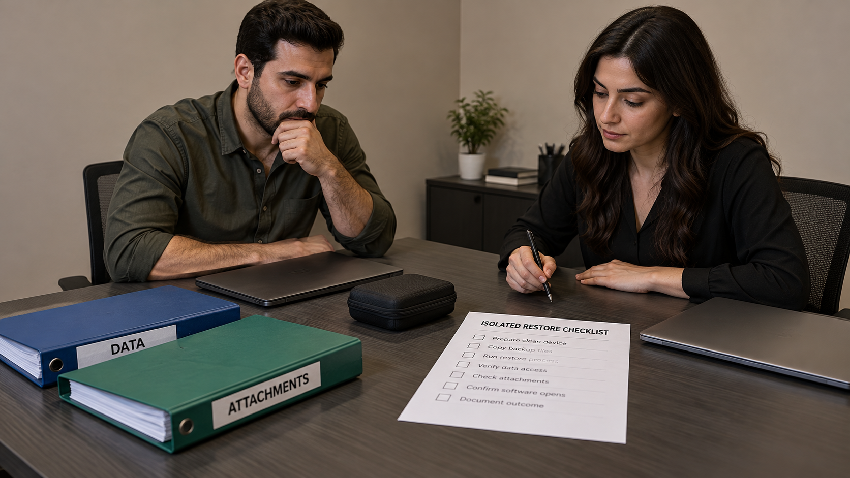 Preparing data and attachment folders for an independent recovery evaluation