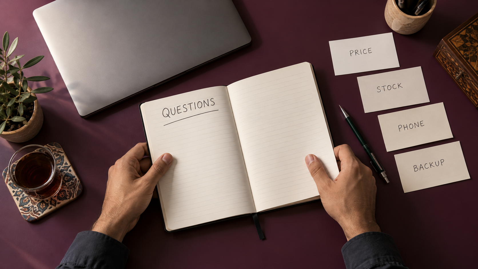 Questions notebook beside cards for price, stock, phone use and backups