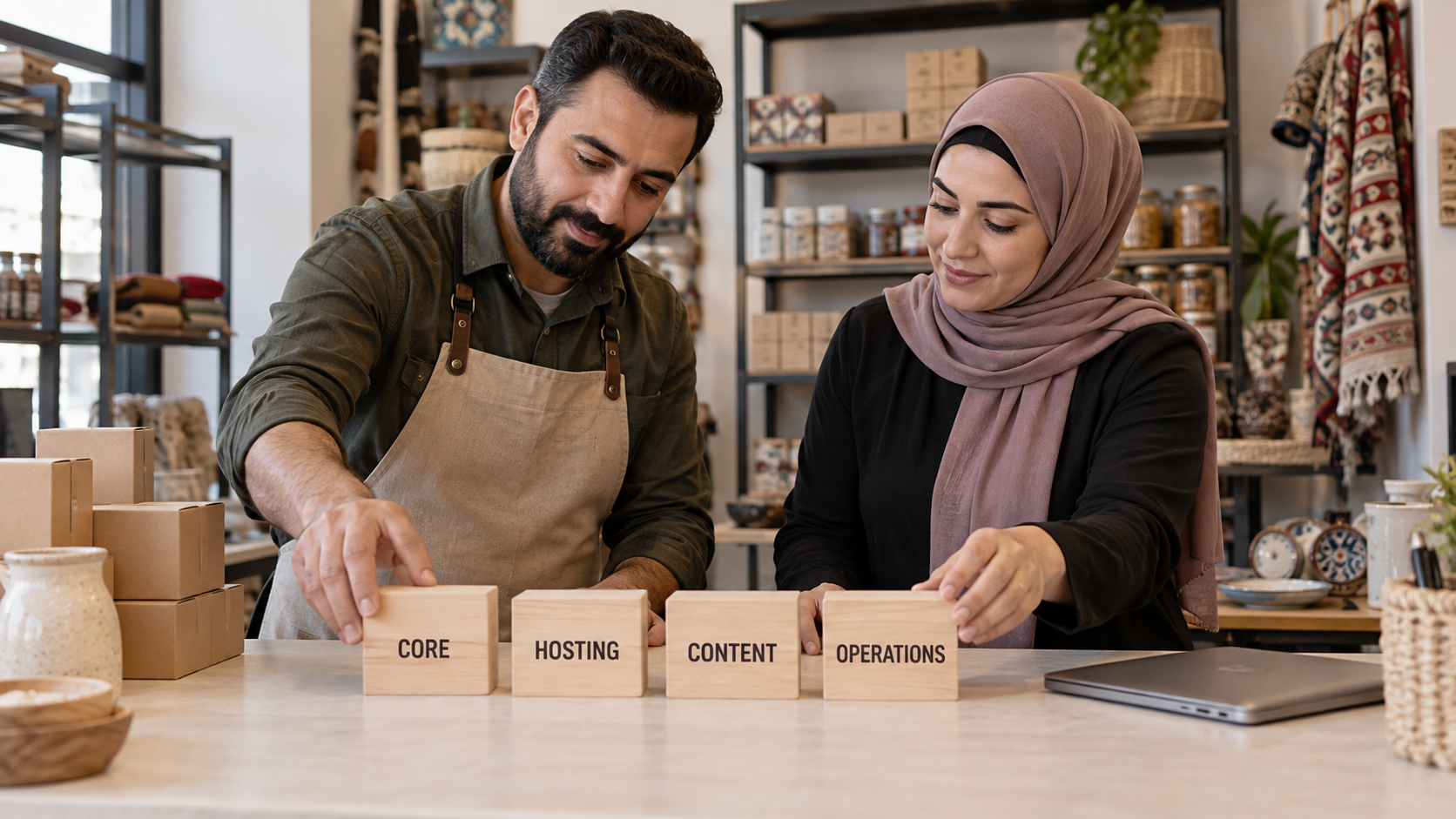 Fictional merchant and developer separating store core, hosting, content and operations