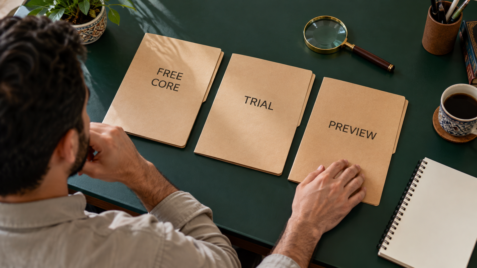 Fictional merchant reviewing separate free-core, trial and preview folders
