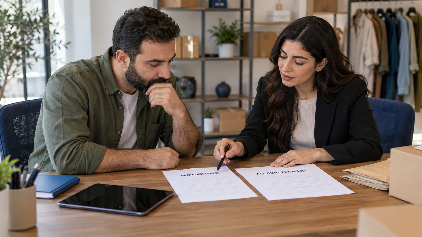 Fictional merchant and adviser reviewing provider terms and account eligibility