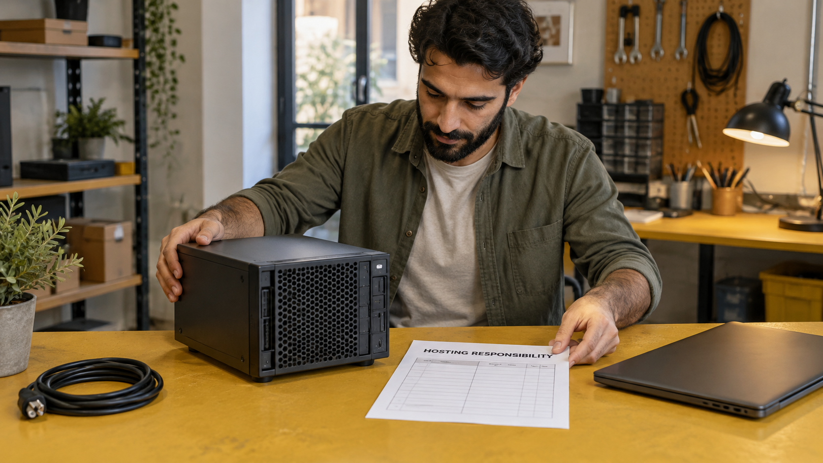 Fictional technician reviewing hosting responsibility beside unpowered equipment