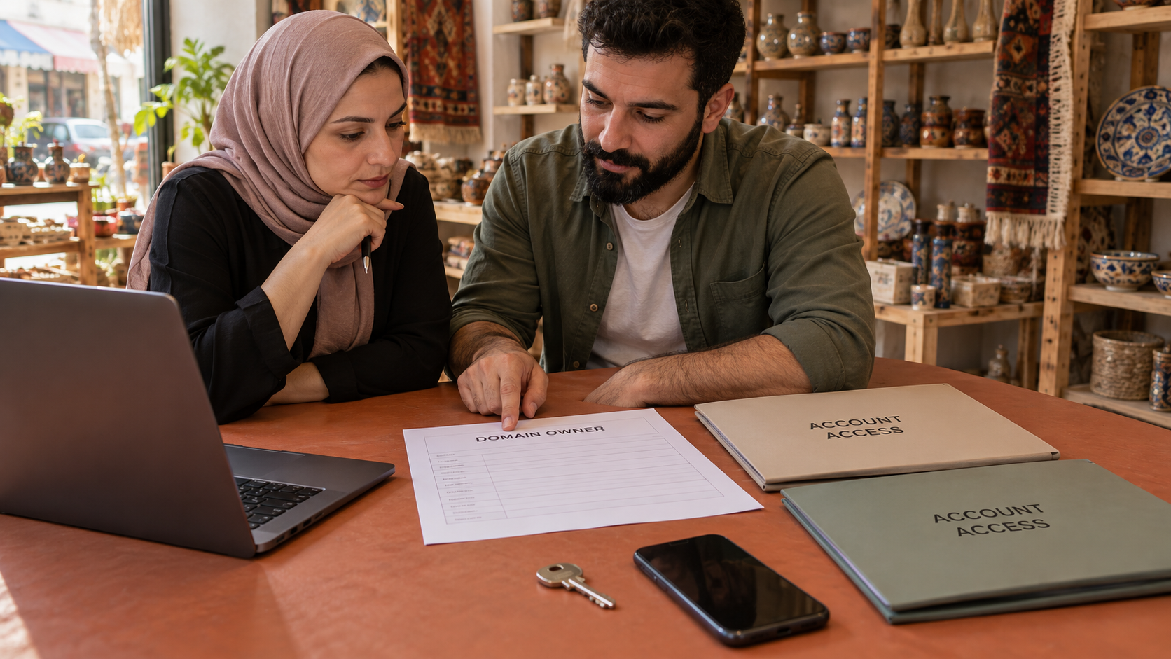 Fictional store owner and developer reviewing domain ownership and account access