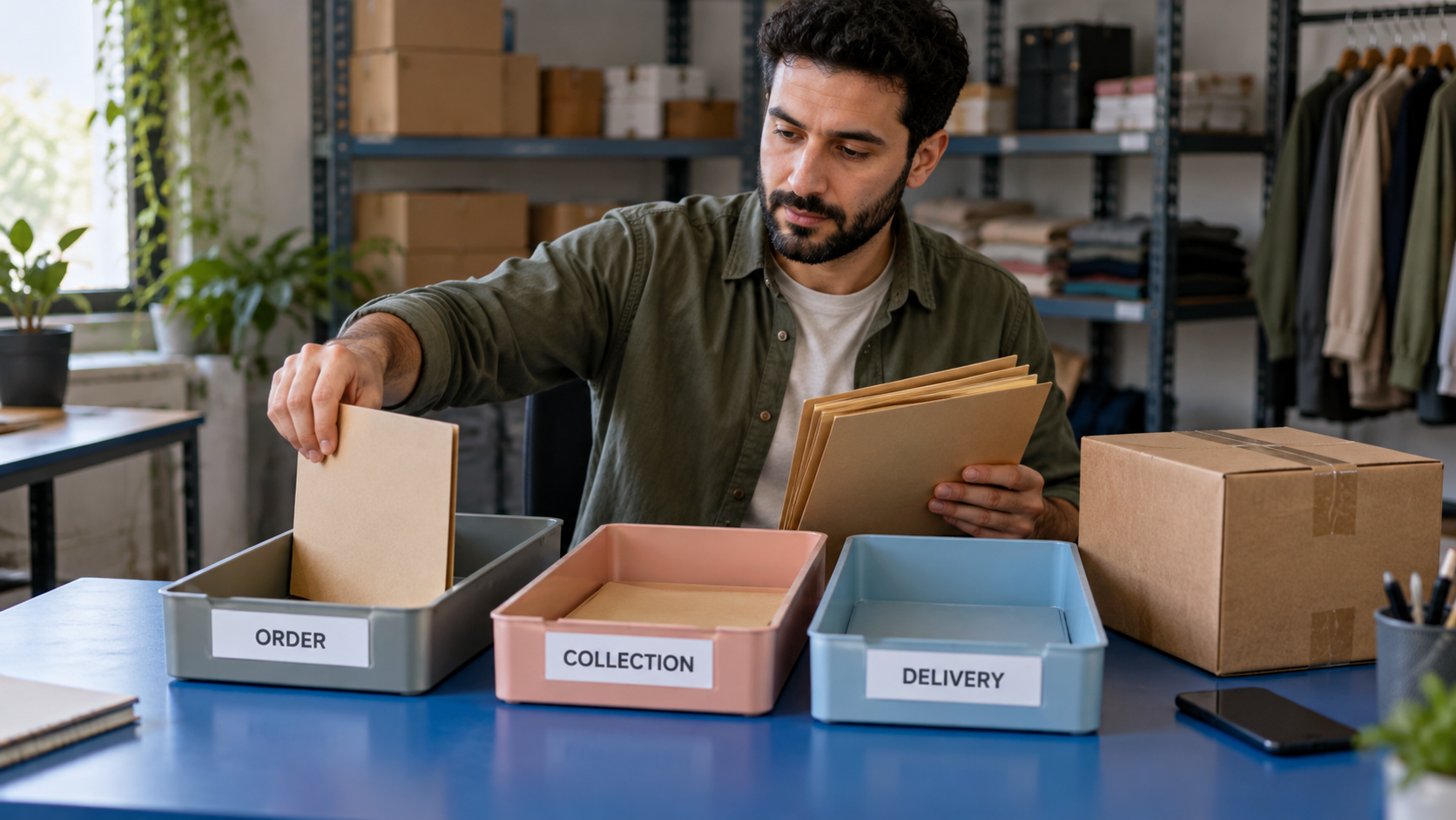 Fictional merchant separating order, collection and delivery folders