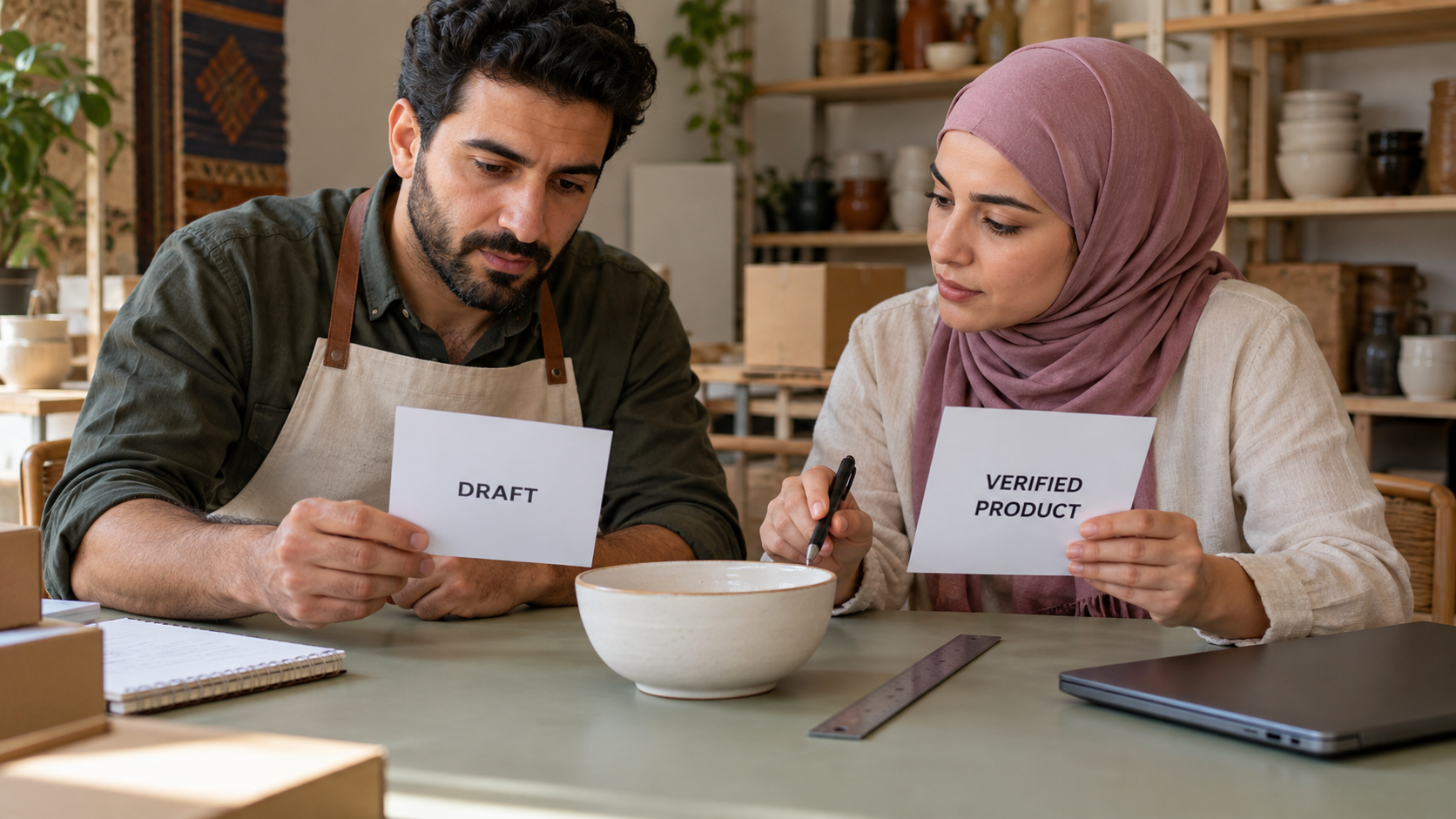 Fictional editor and merchant checking a product draft beside a bowl and ruler