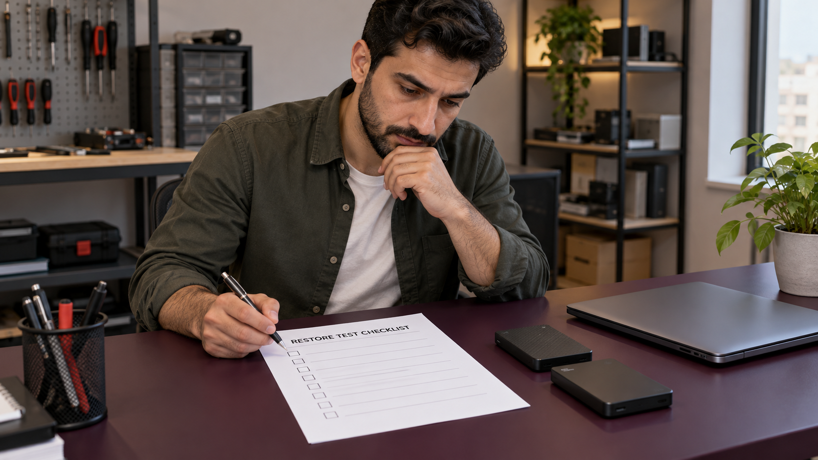Fictional technician preparing an empty restoration checklist beside external drives
