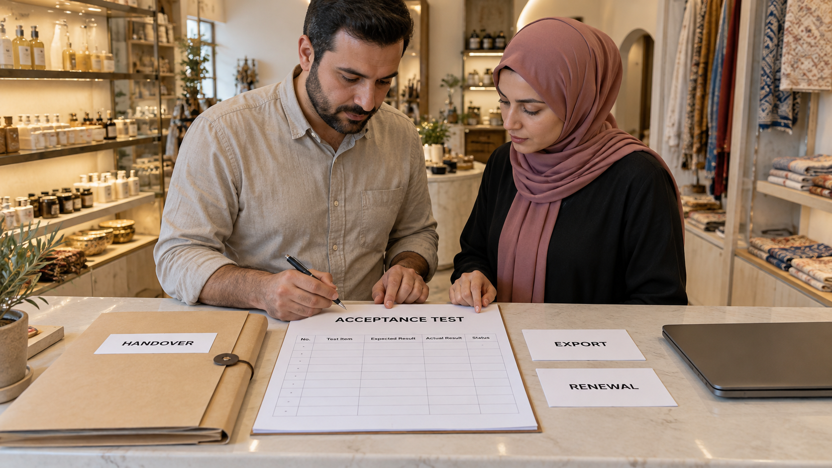 Fictional merchant and tester preparing an unchecked acceptance and handover table