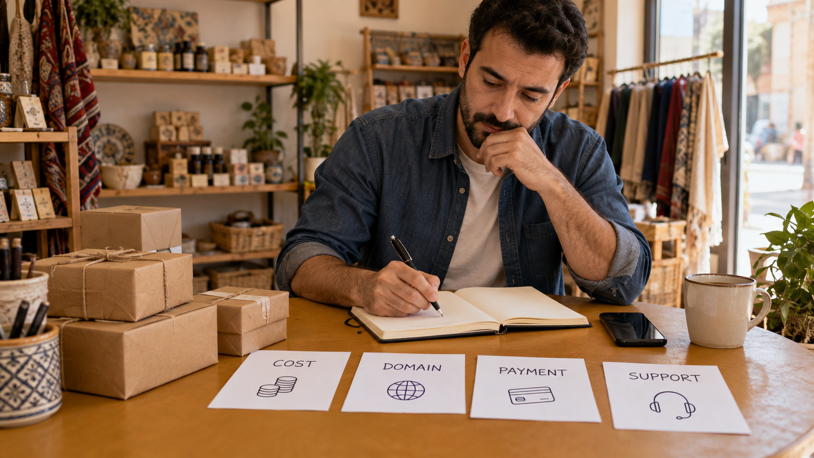 Fictional shop owner reviewing cost, domain, payment and support questions