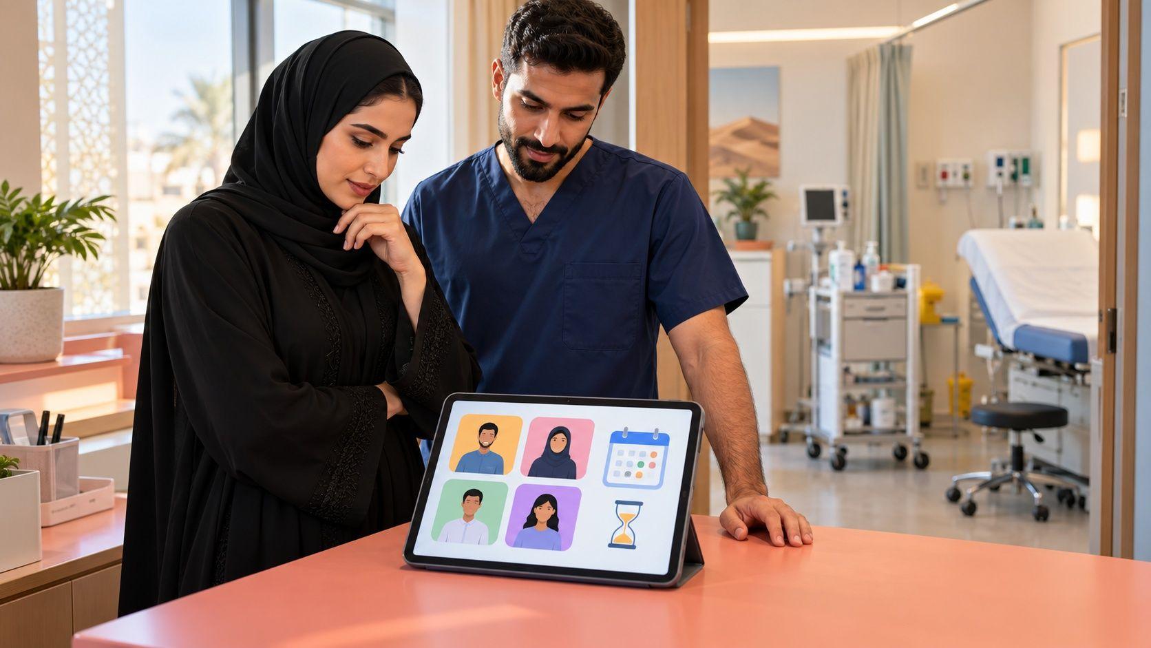 Generated Sharjah clinic administrative training scene testing fictional patient cards rather than actual records