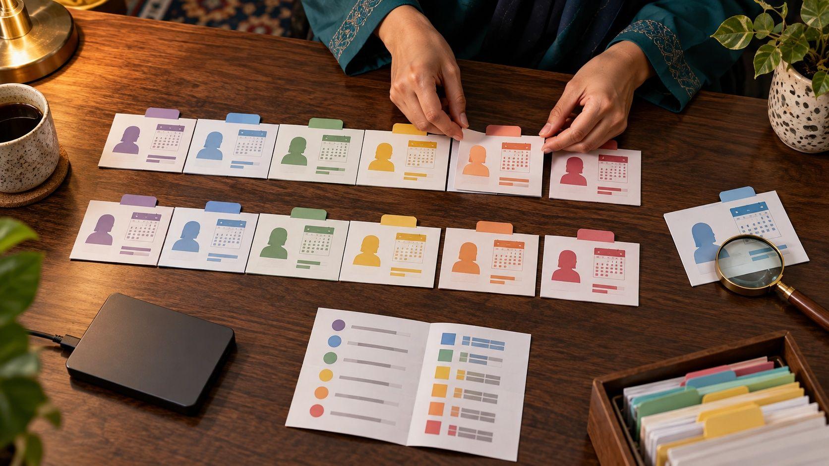 Generated reconciliation of fictional old and migrated patient cards, with one card separated for review