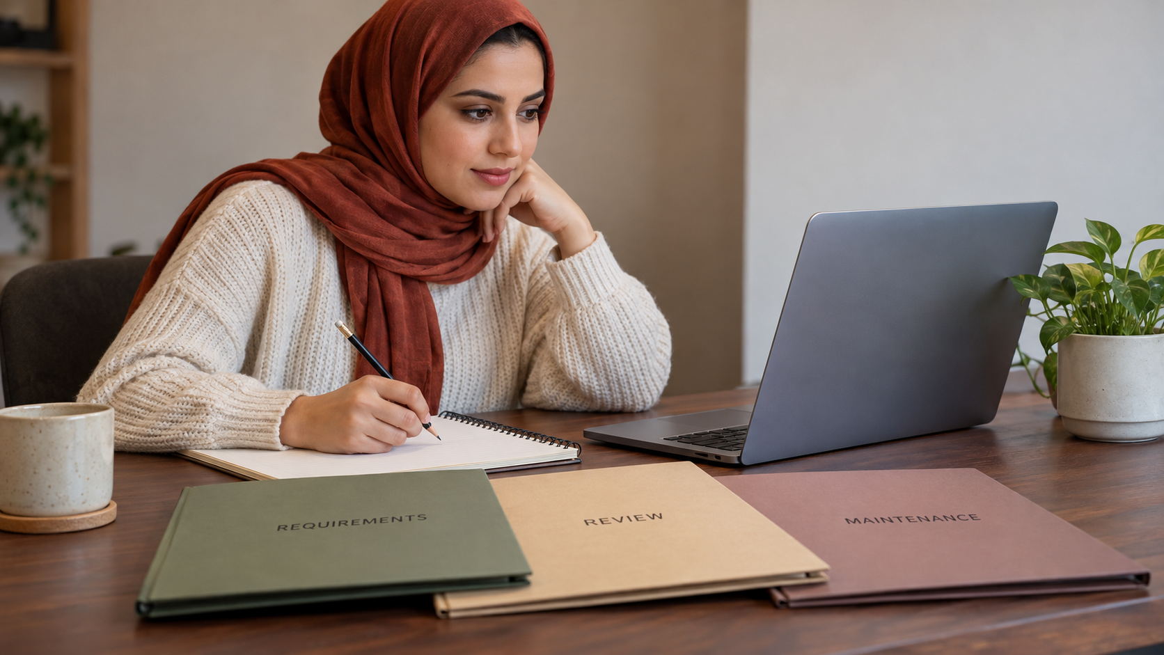 متعلّمة تخطط للعمل بجانب ملفات المتطلبات والمراجعة والصيانة