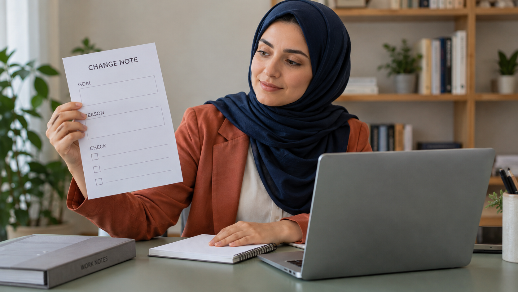 متعلّمة تحمل ورقة تغيير فارغة بجانب حاسوب ودفتر
