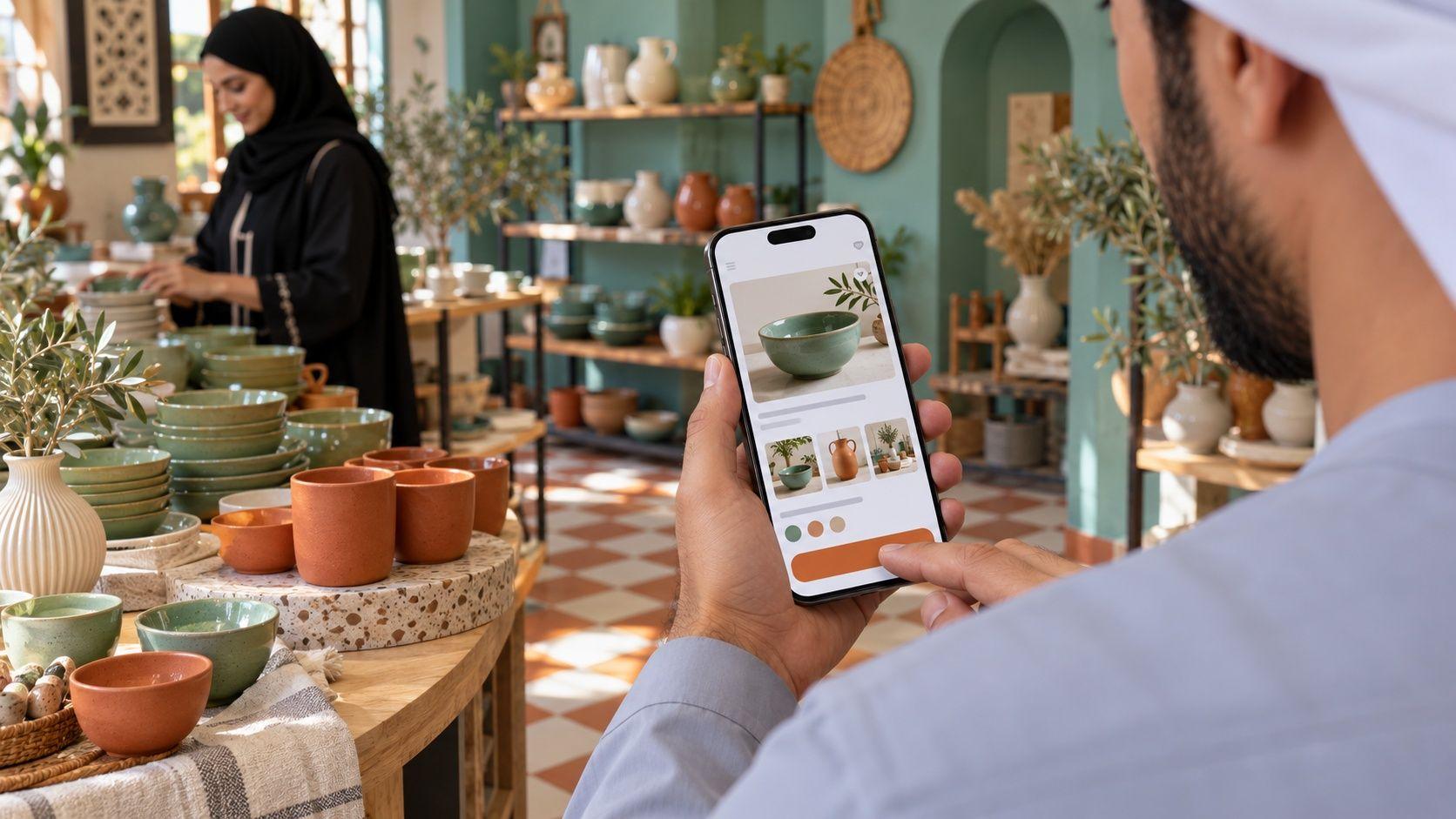 Generated Emirati shopper and store owner evaluating a mobile product landing page in a Sharjah homeware showroom