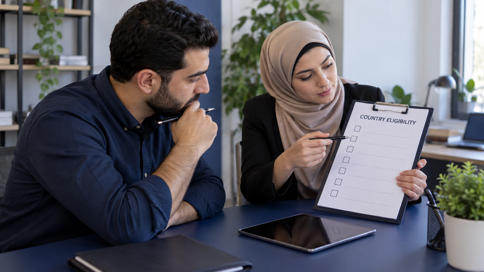 Fictional business owner and adviser reviewing country eligibility