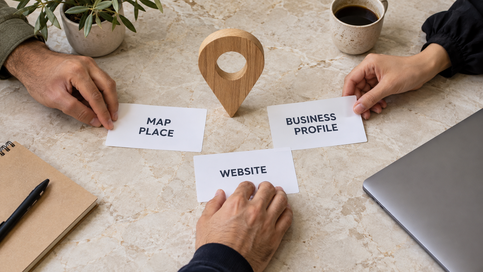 Physical cards separating a map place, Business Profile and website in a generated scene
