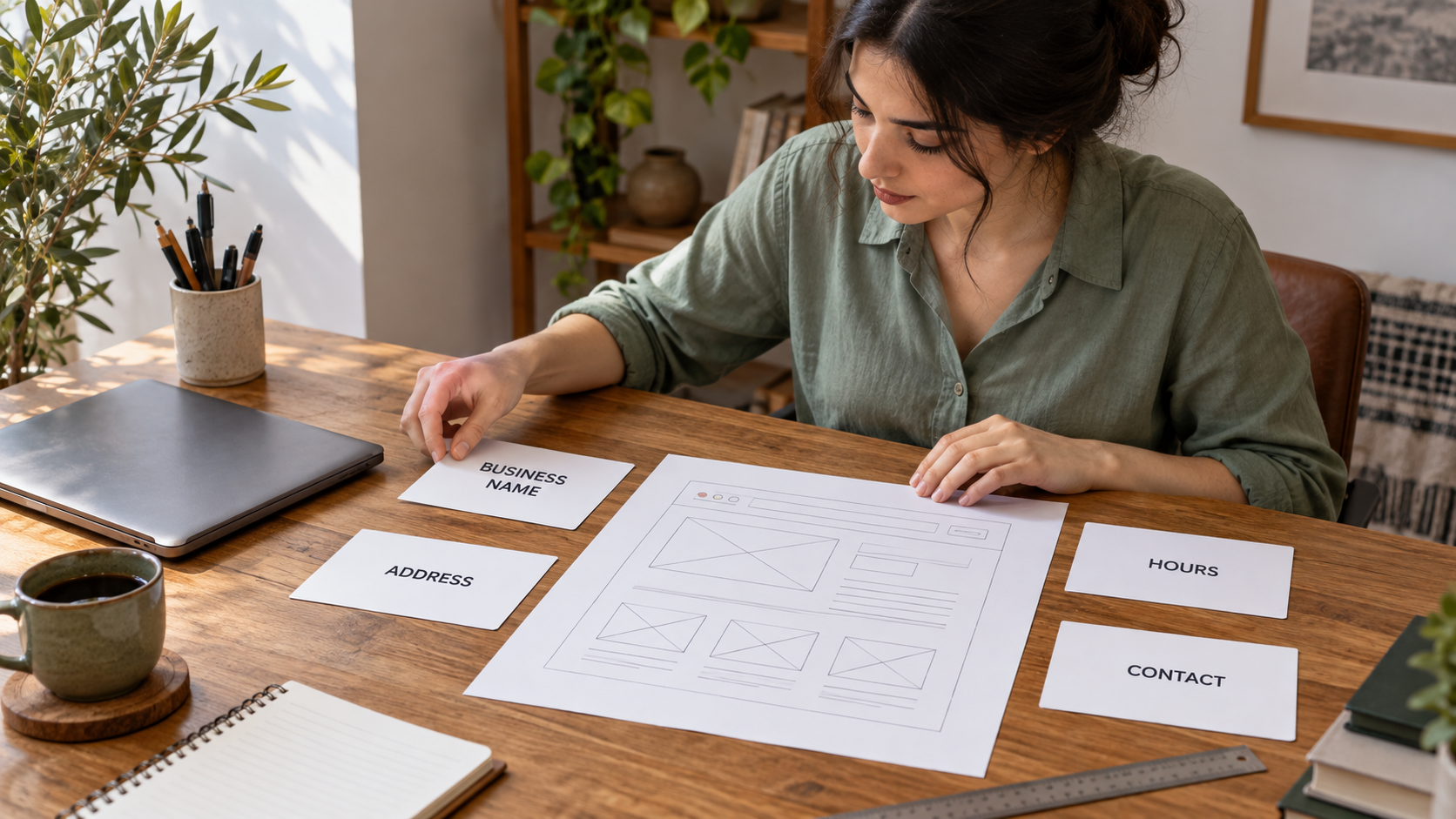 Fictional editor planning business name, address, hours and contact information