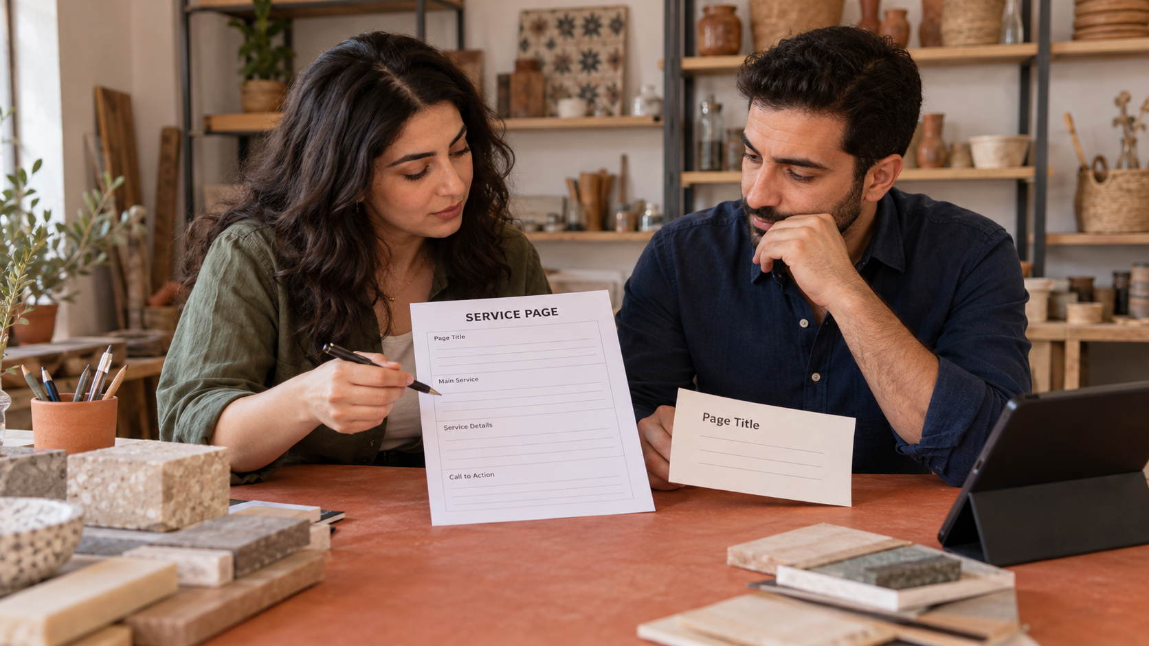 Fictional editor and business owner reviewing a service-page worksheet