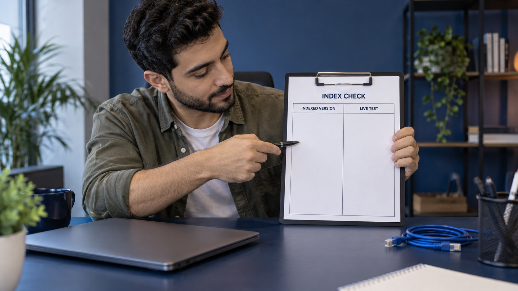 Fictional developer reviewing blank indexed-version and live-test columns