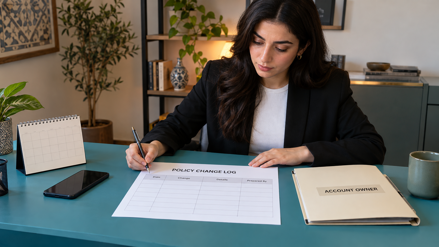 Fictional administrator preparing an empty policy-change log and account-owner folder