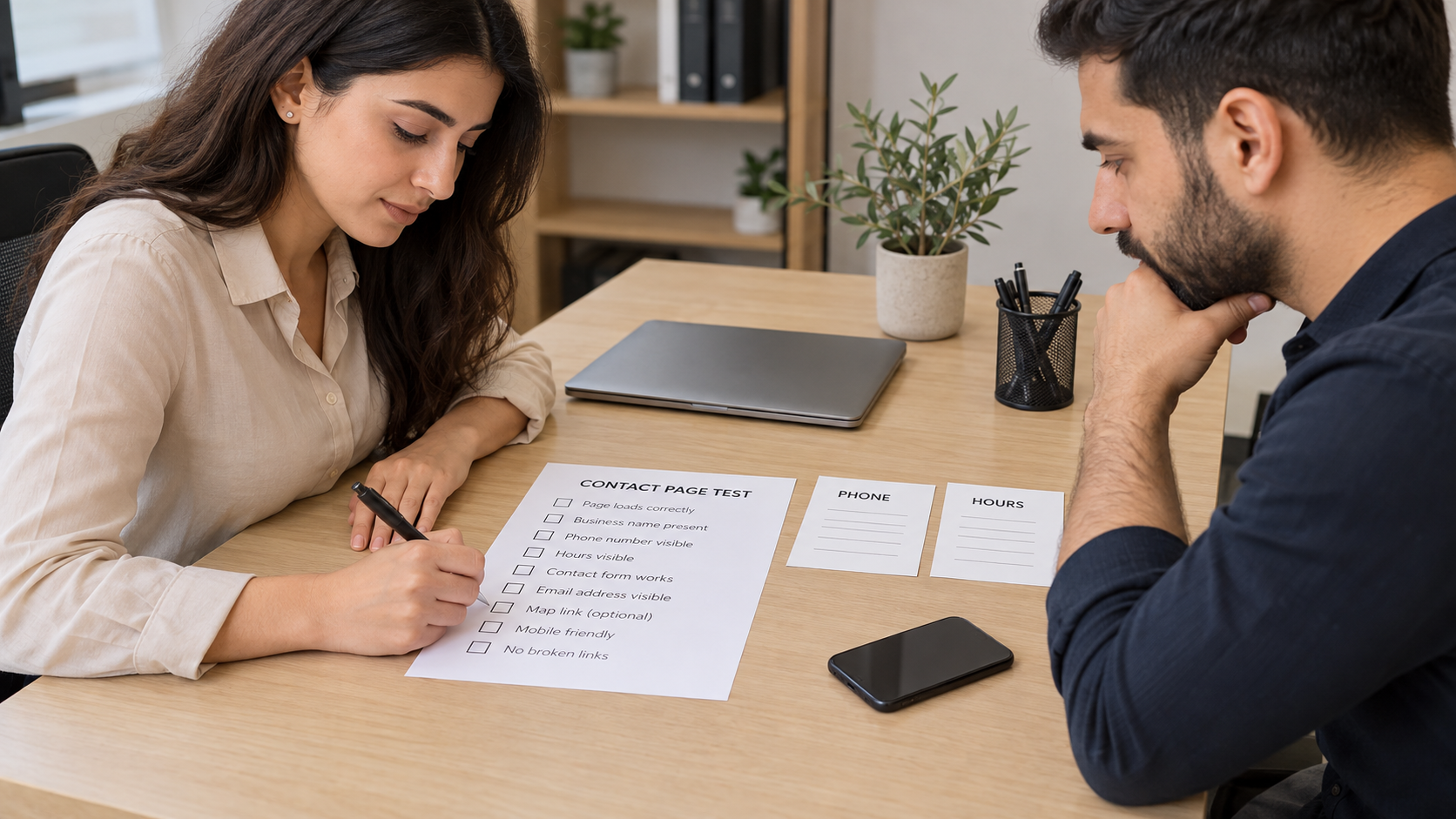 Fictional receptionist and tester preparing a contact-page checklist