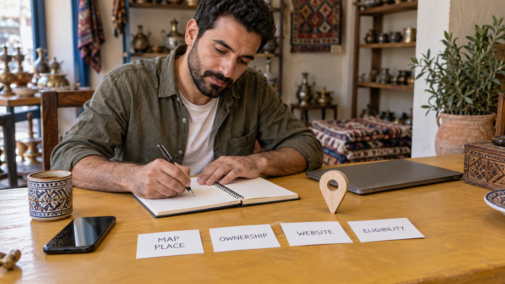 Fictional shop owner reviewing map-place, ownership, website and eligibility questions