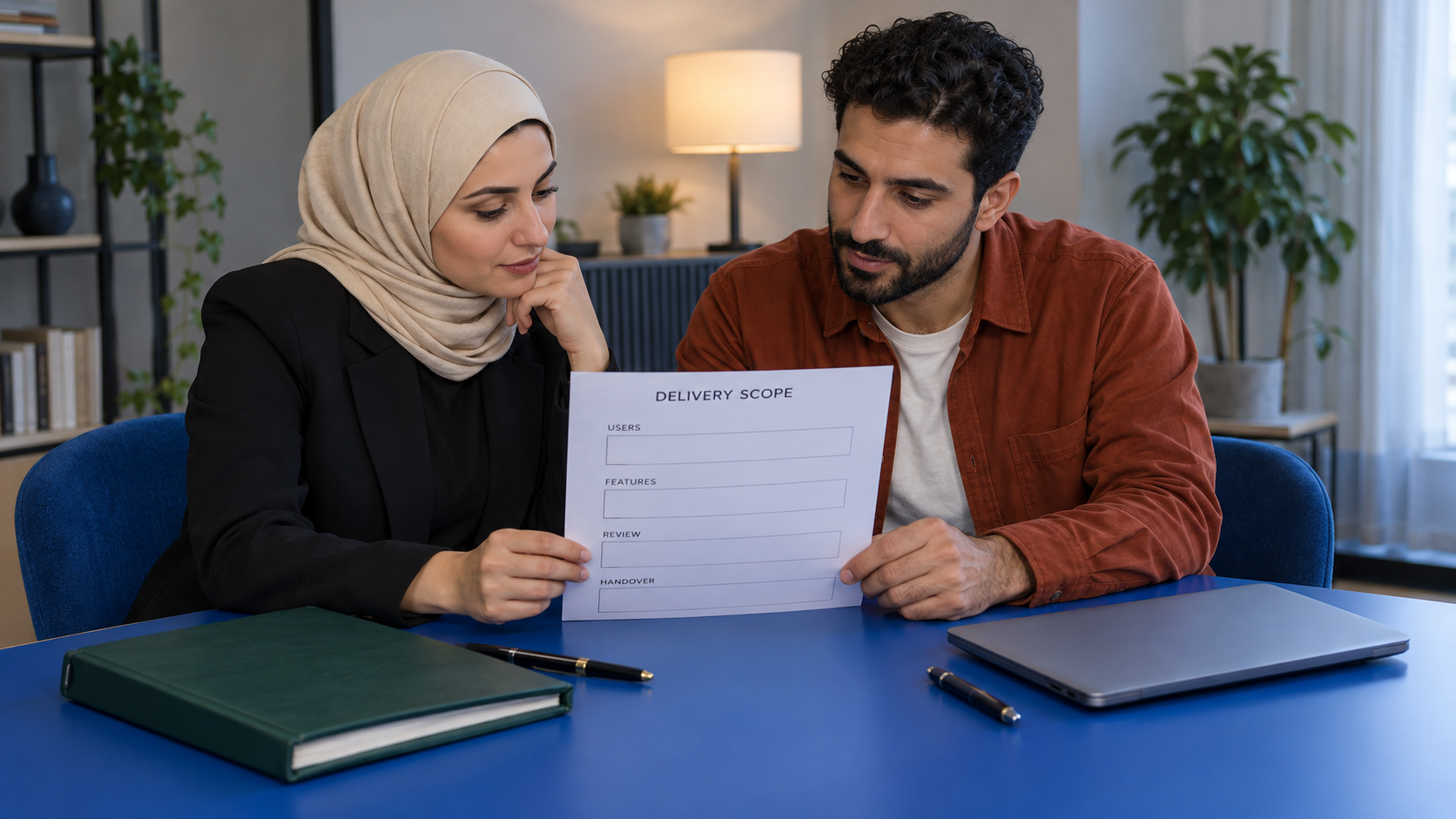 صاحب مشروع ومطور يراجعان ورقة نطاق وتسليم فارغة