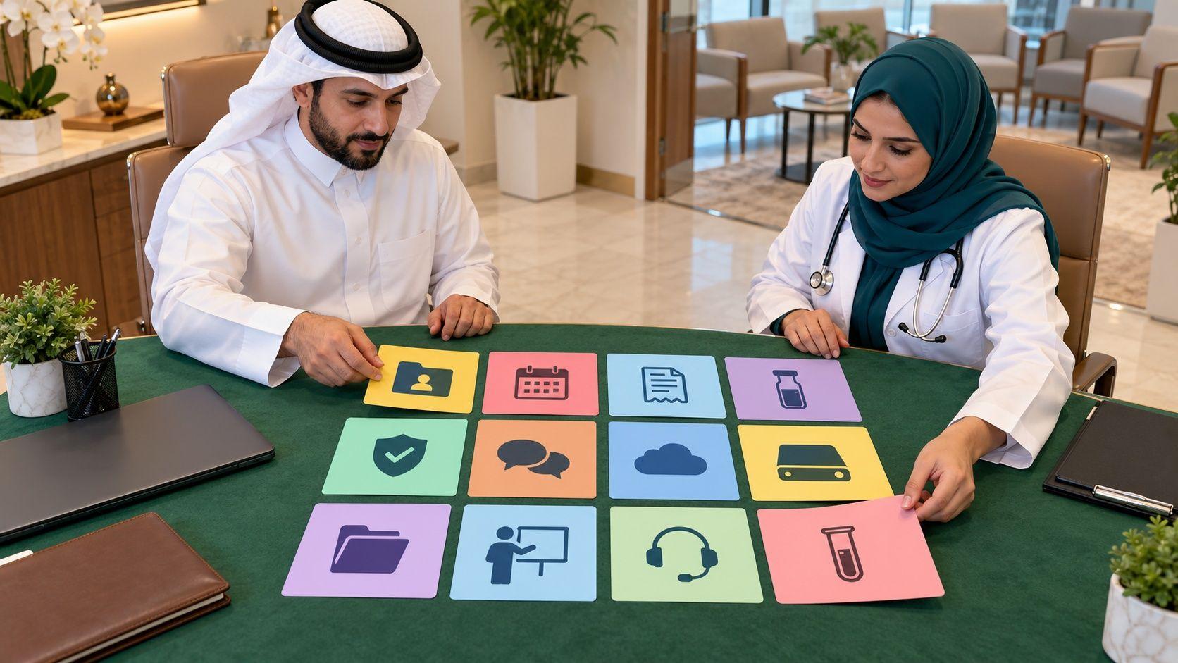 Generated Doha clinic owner and doctor sorting twelve pictogram cards for clinic software selection