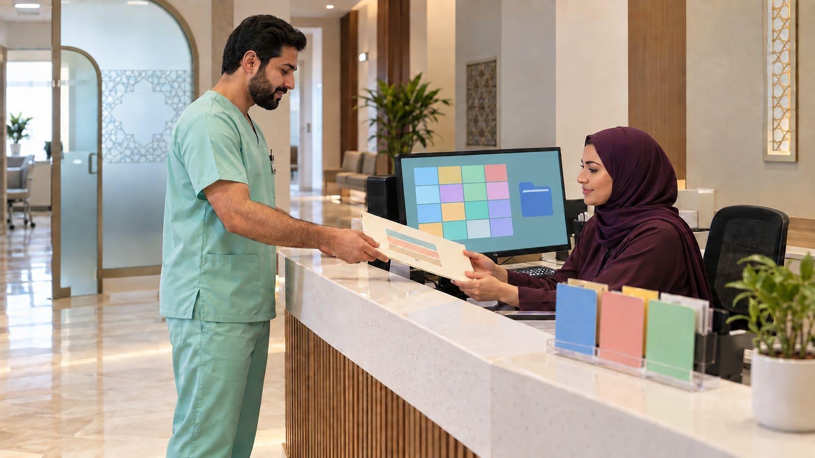 Generated Manama clinic staff rehearsing a fictional record handover for software evaluation