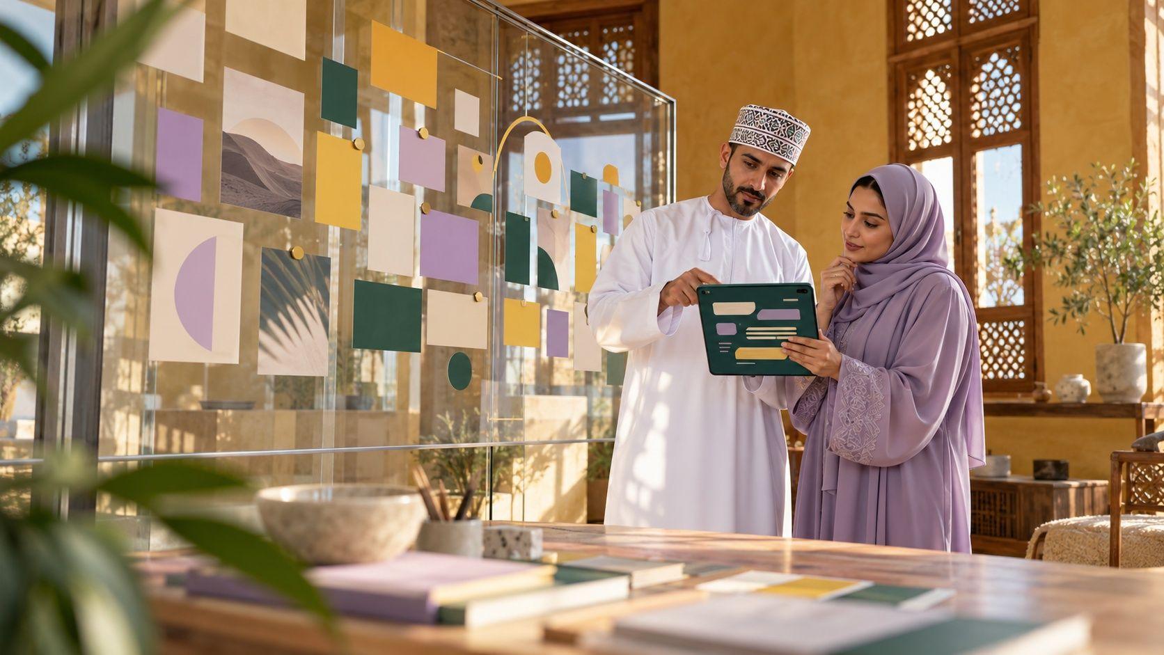Generated scene of an Arabic content team planning customer-answer pages in a Muscat studio
