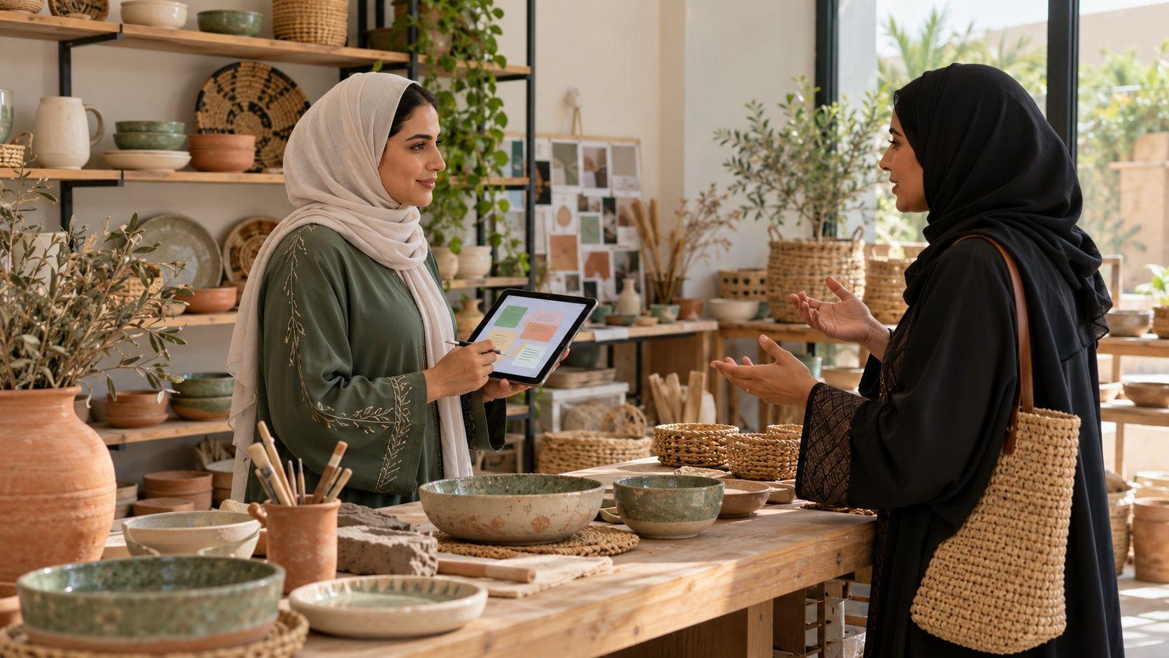 A Saudi business owner gathers a customer's questions in a local artisan workshop