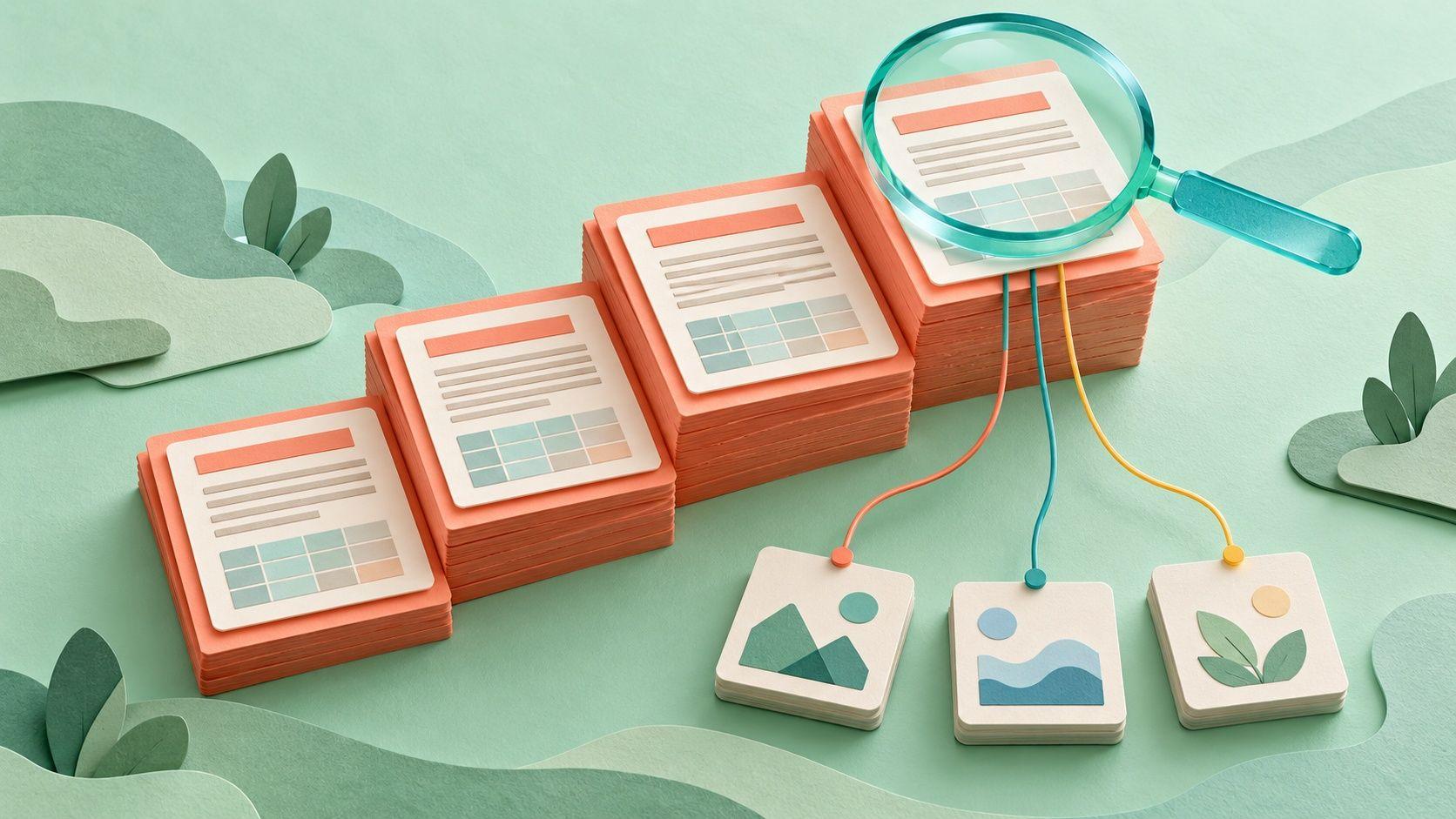 Layered content pages and source tiles represented as an editorial paper sculpture