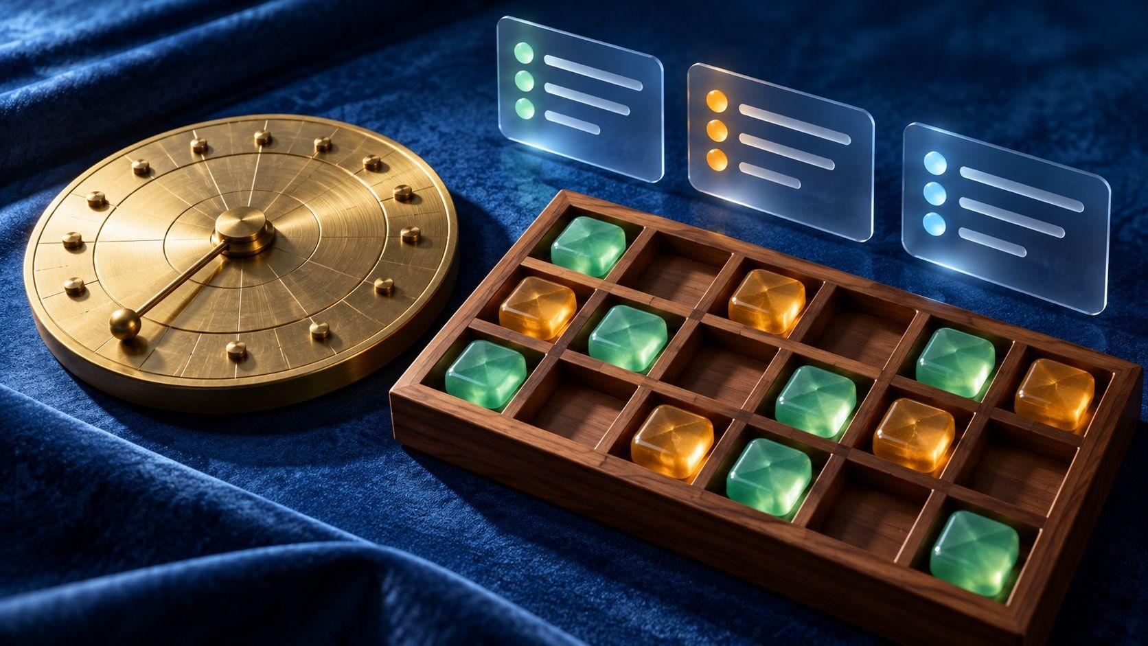 Conceptual monthly query-testing tray with varied tokens and three abstract answer panels