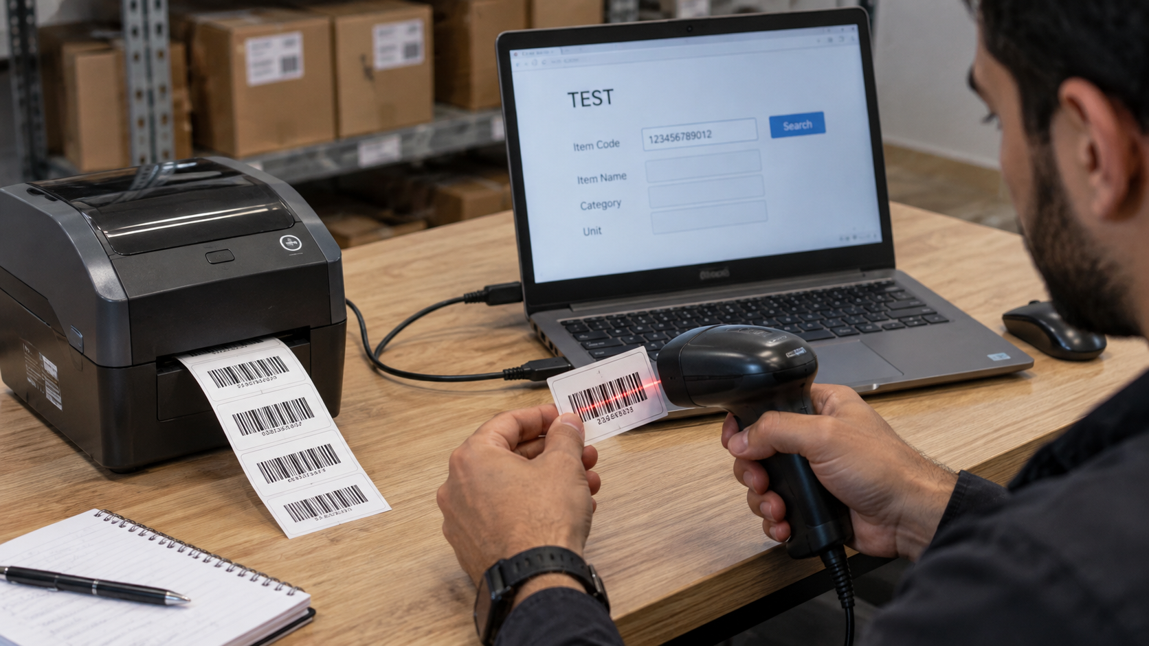 Testing a barcode scanner and label printer with a laptop