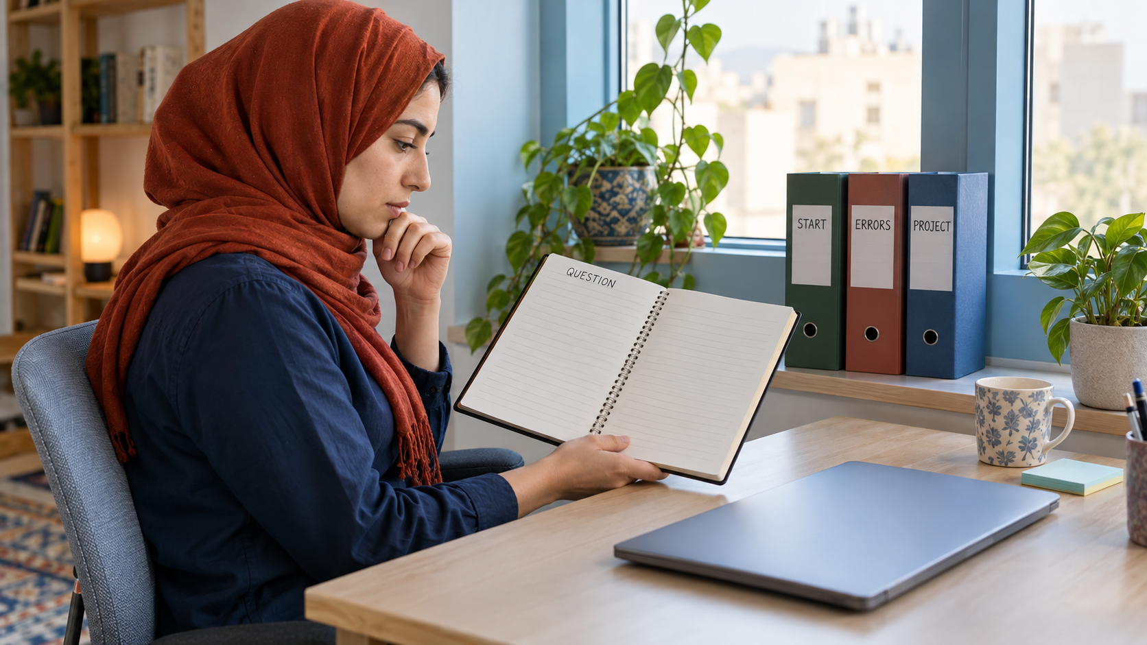 Learner considering a question beside an empty notebook and study folders