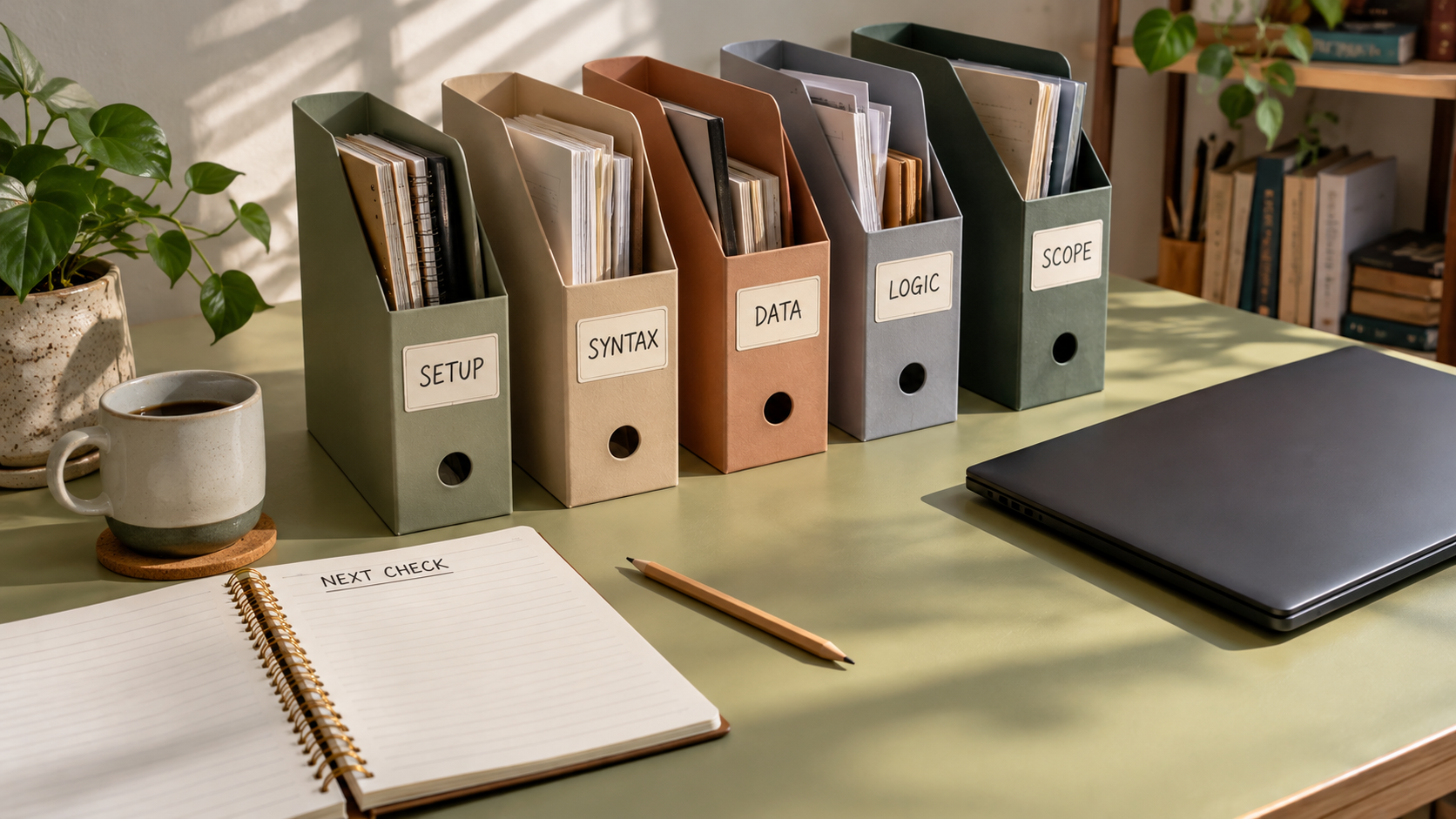 Physical files categorizing setup, syntax, data, logic and scope