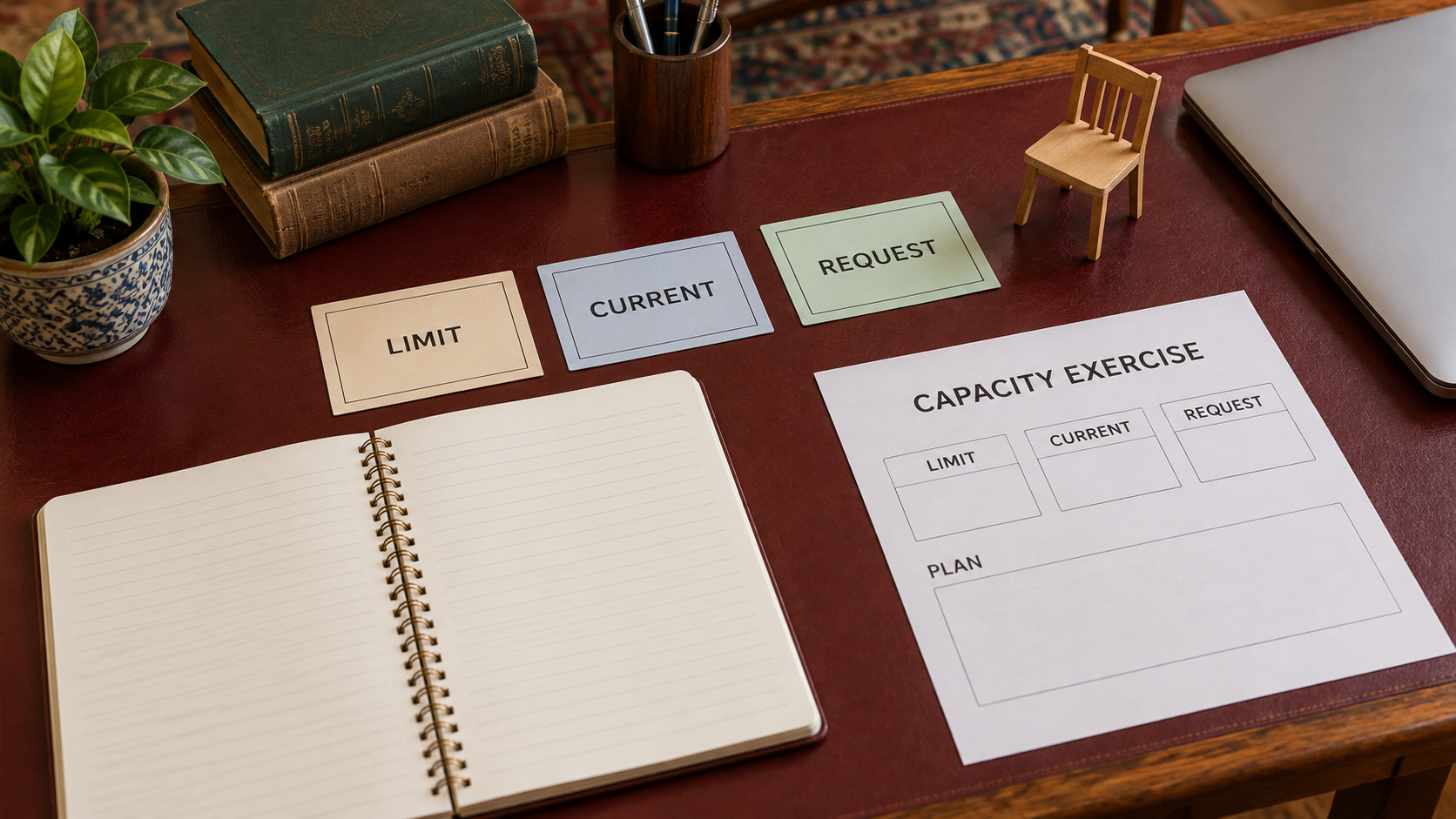 Capacity, current-count and request cards beside an empty practice worksheet