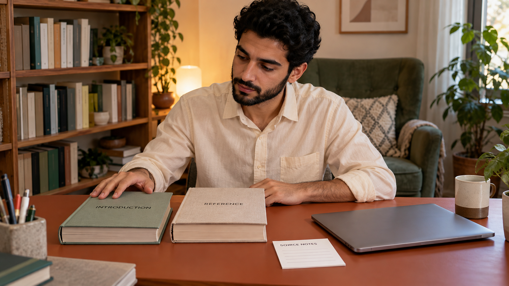 Learner comparing an introductory book with a reference beside empty source notes