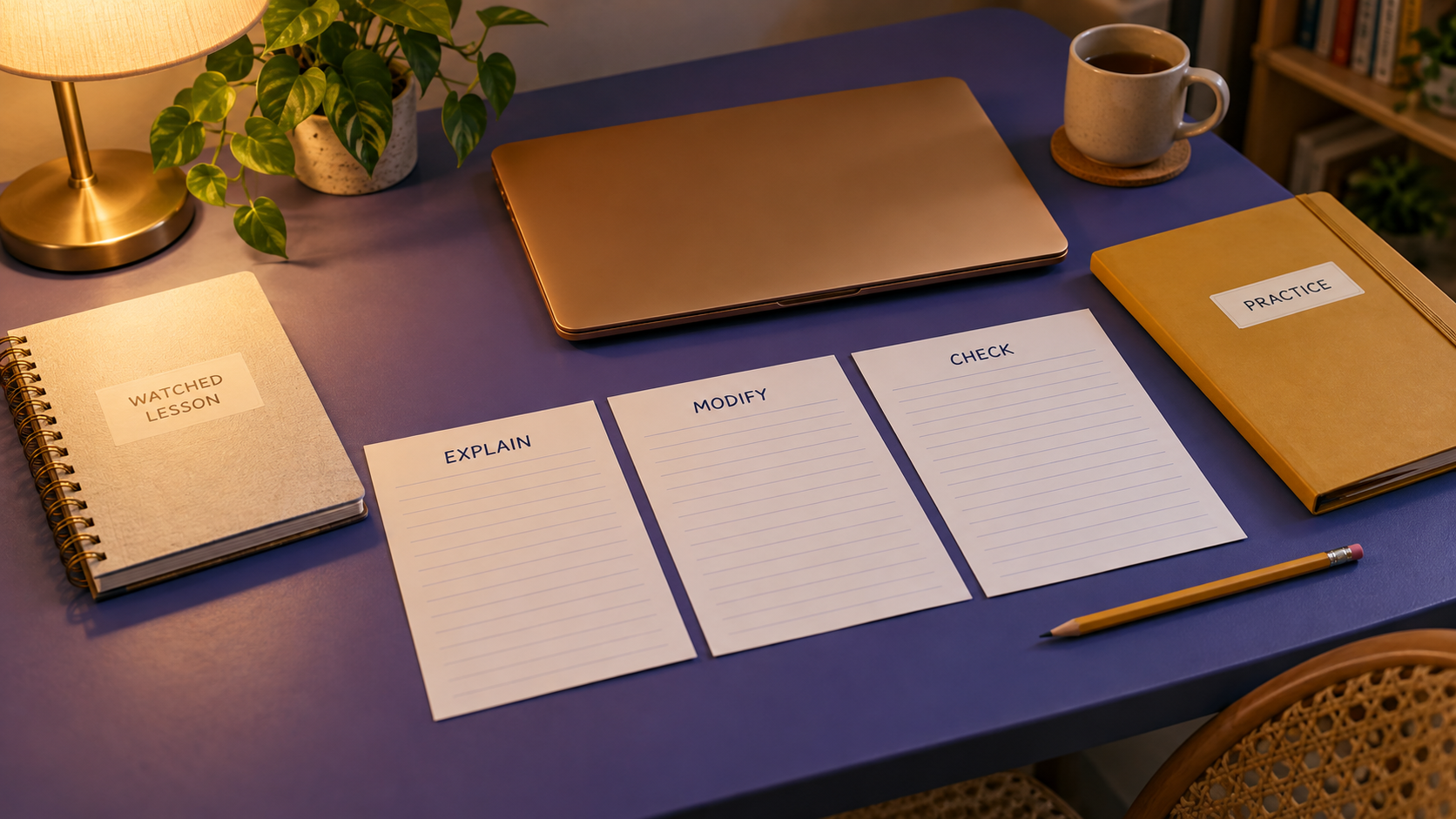 Empty explain, modify and check pages beside a closed lesson notebook