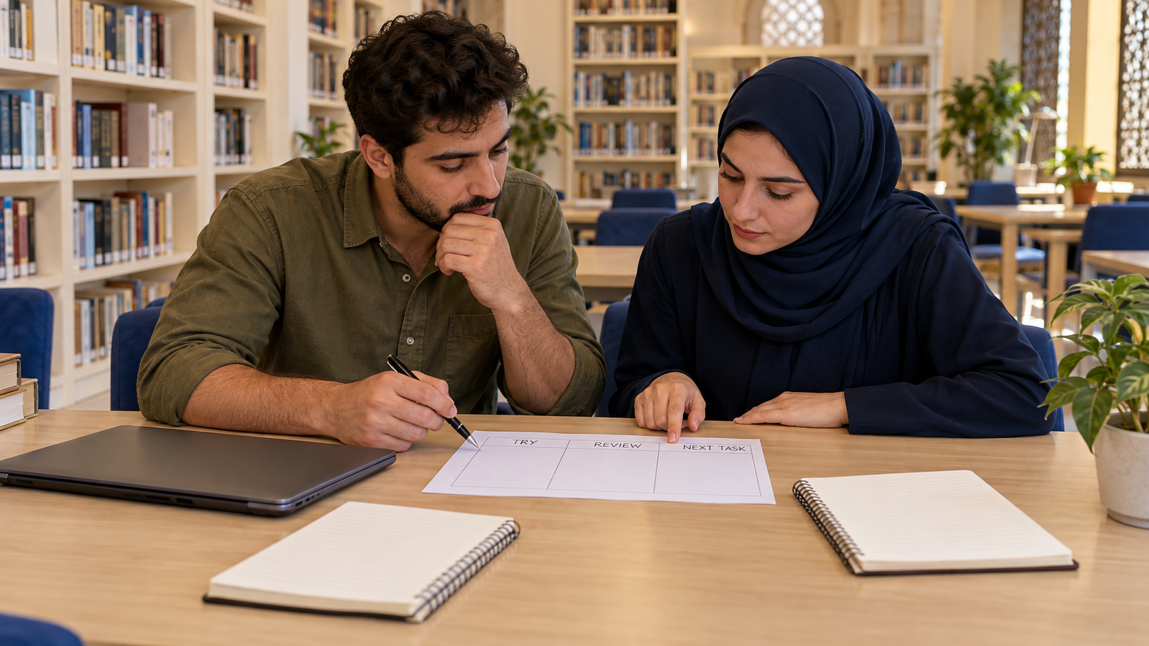 Fictional library study pair reviewing an empty practice plan