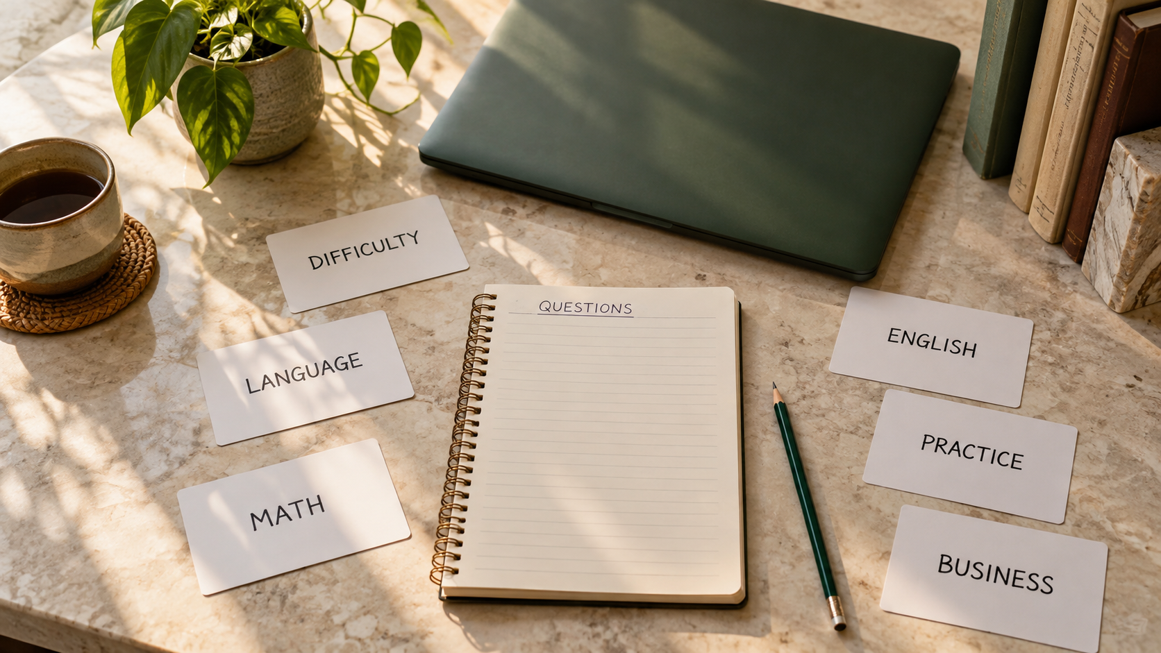 Physical question cards about difficulty, language, mathematics and practice beside an empty notebook