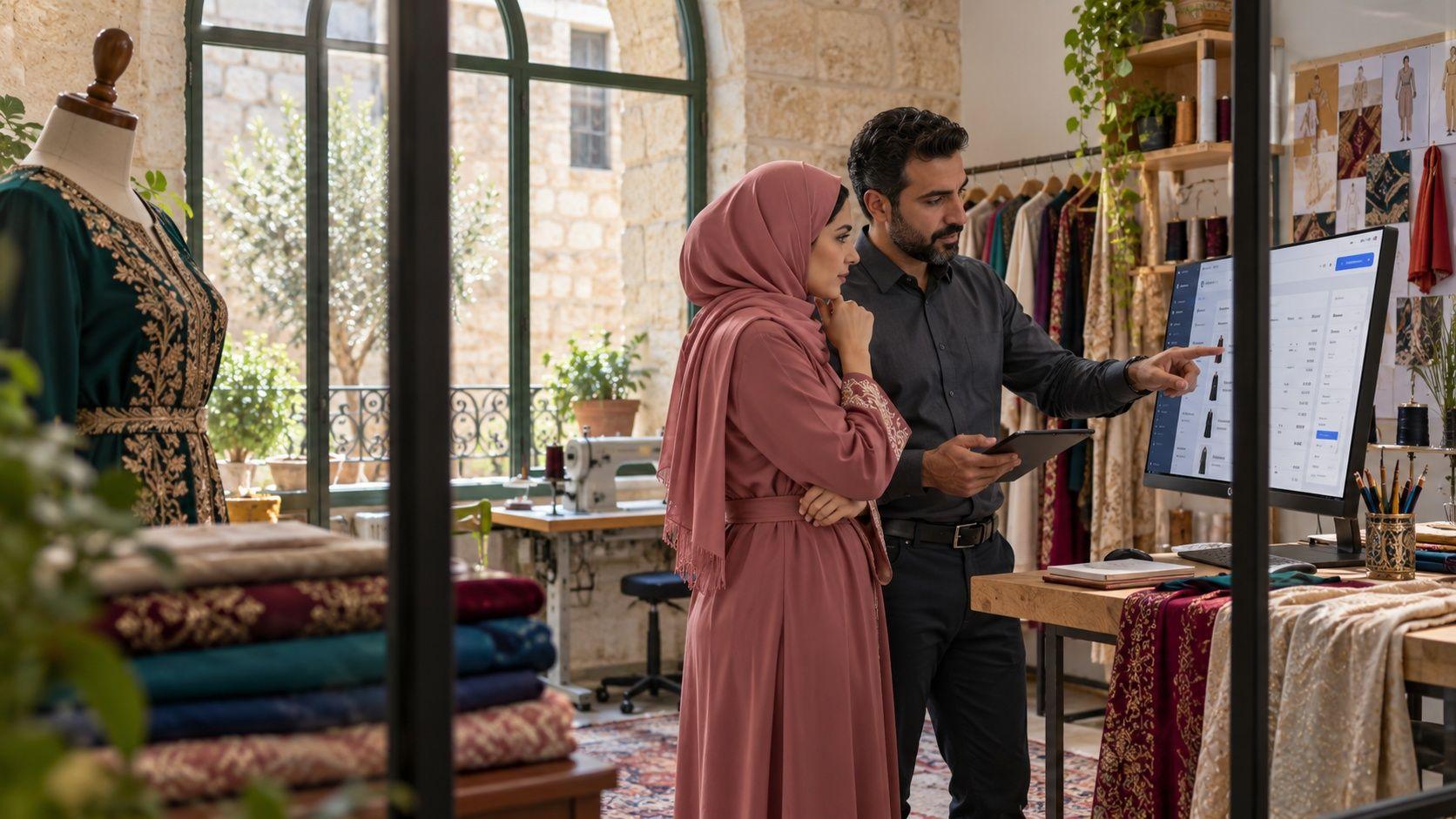 Generated Jordanian studio owner and accountant reviewing the invoicing workflow in a tailoring workspace