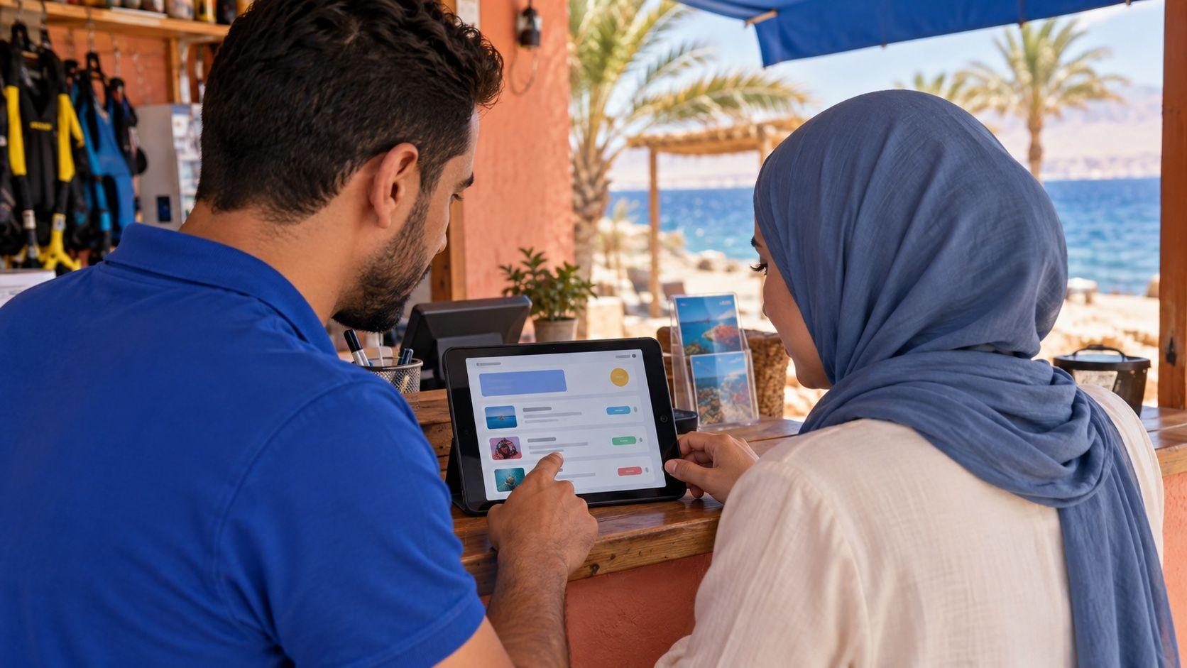 Generated Jordanian professionals reviewing an electronic invoice at a small Aqaba service counter