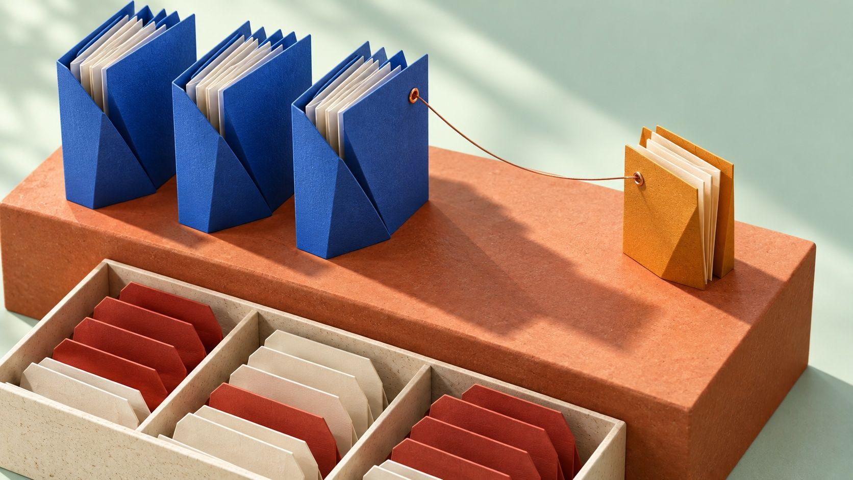 Conceptual image of an amber adjustment record linked to its original blue invoice and an archive tray