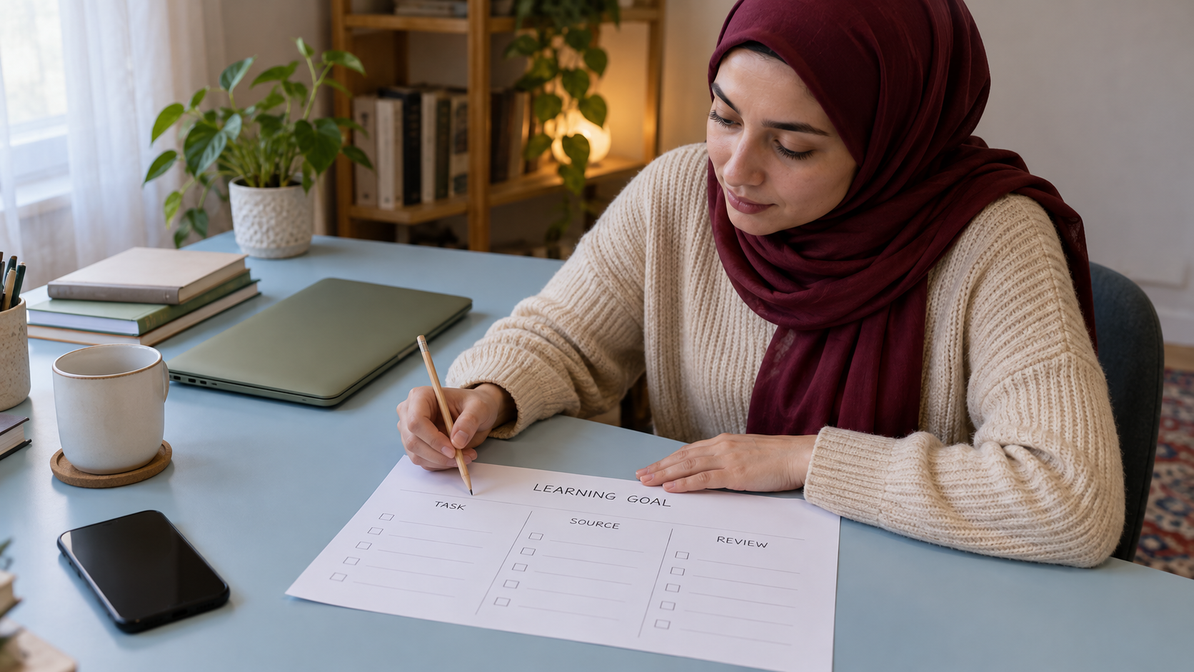 Learner reviewing an empty learning goal sheet beside a closed laptop