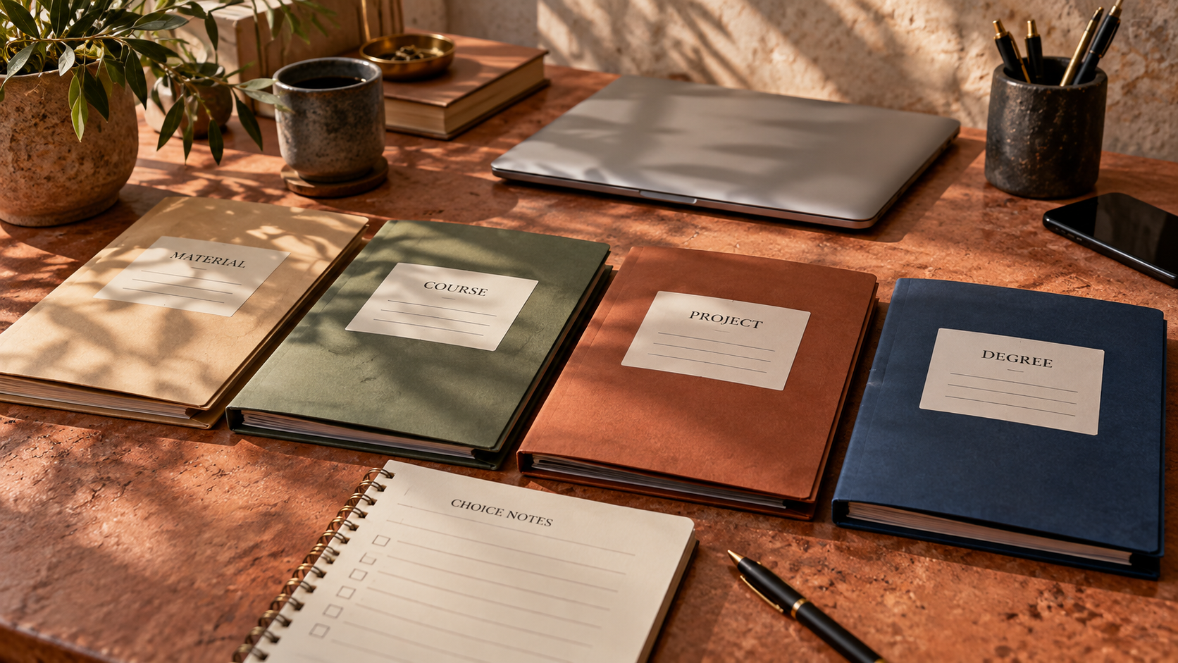 Four closed folders labeled material, course, project and degree