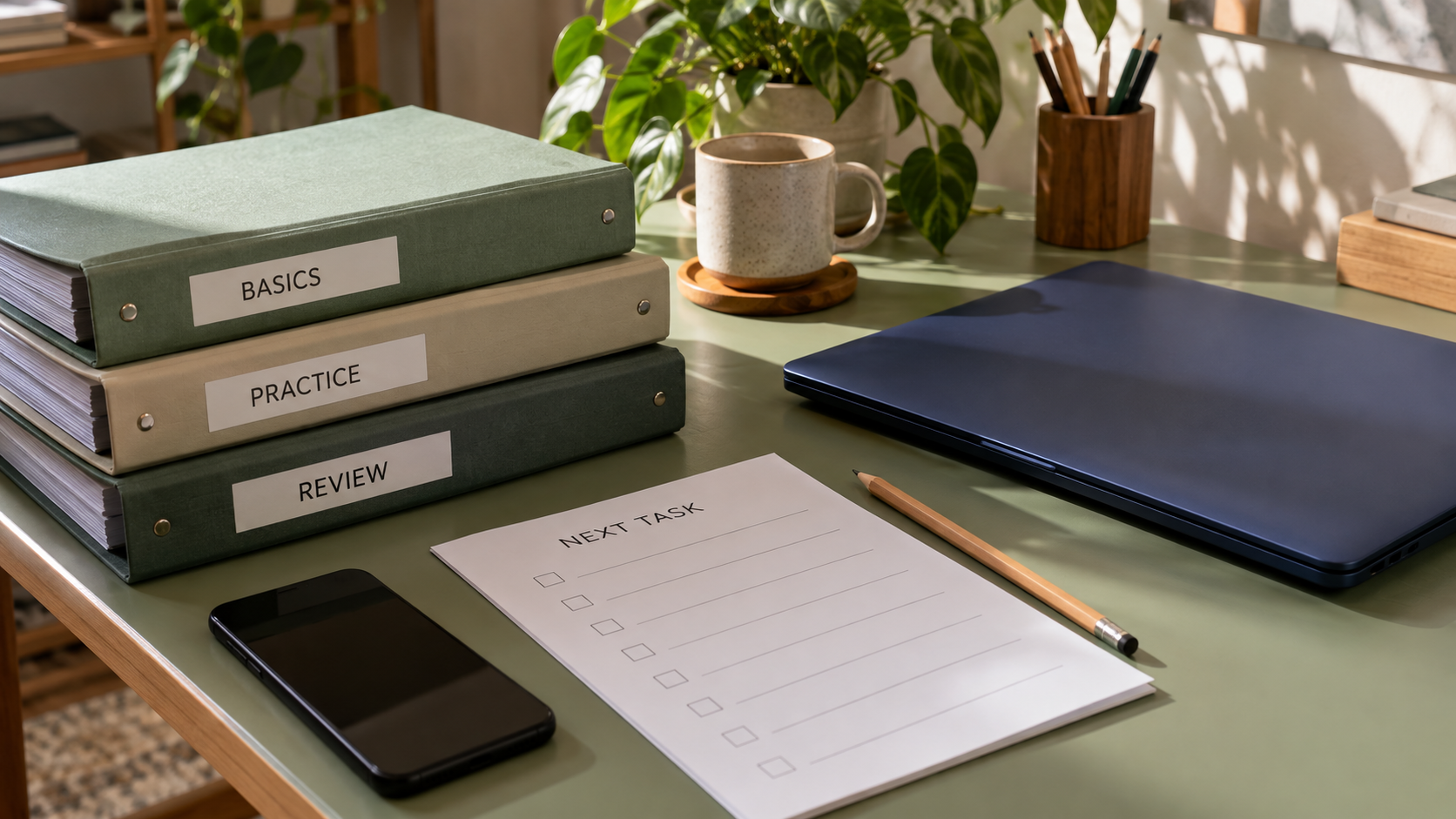 Basics, practice and review folders beside an empty next task sheet