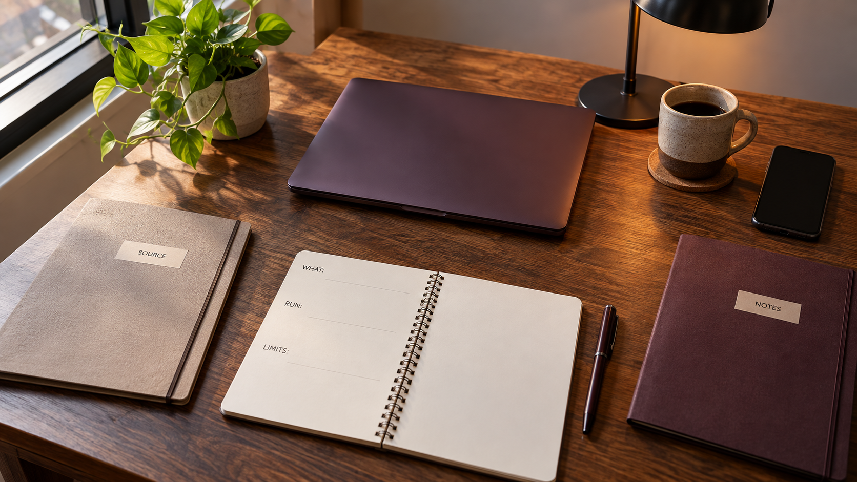 Empty notebook with what, run and limits sections beside source and notes folders