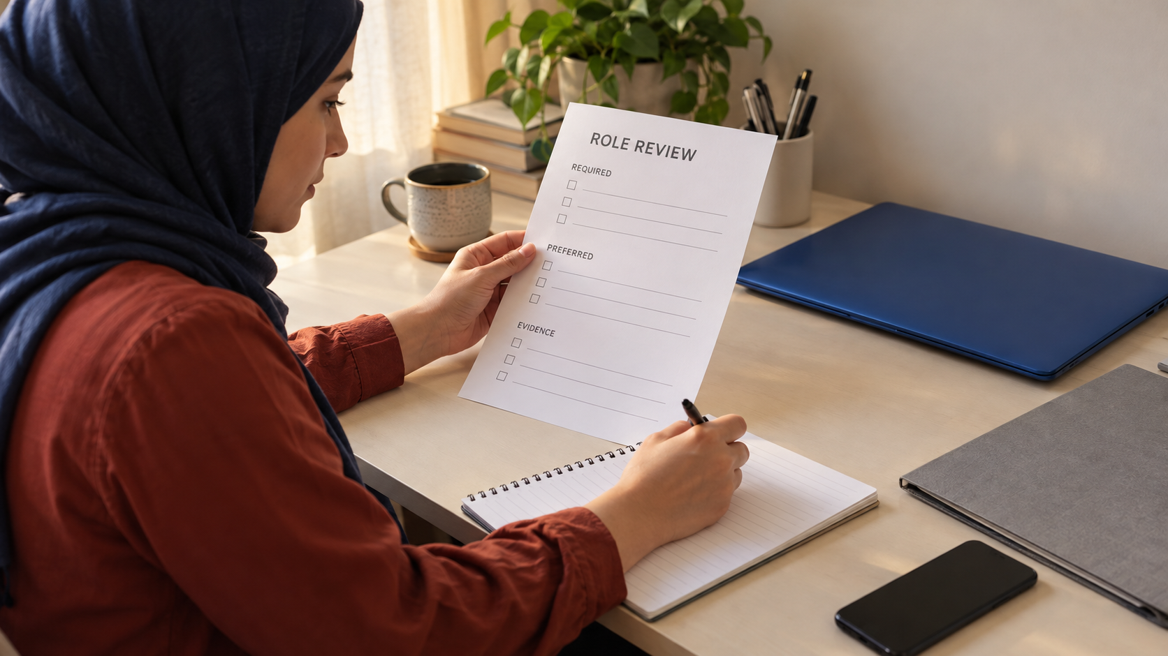 Learner examining an empty role review worksheet beside a notebook