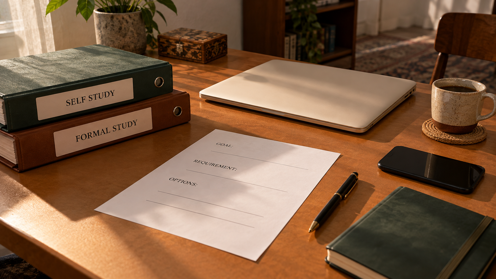 Closed self study and formal study folders beside an empty decision sheet