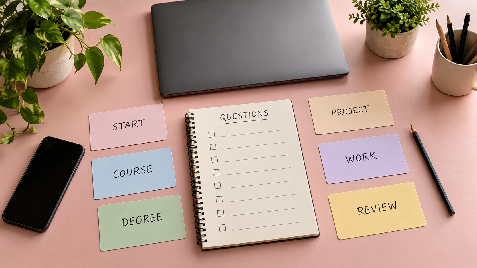 Start, course, degree, project, work and review cards around an empty questions notebook